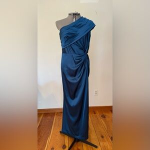 Adrianna Papell Blue One Shoulder Draped Gown